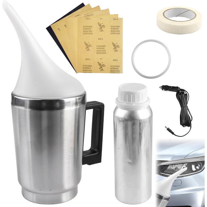 Kit de reparare faruri auto, YOUKUKE®, 100ml lichid de restaurare, 6 smirghele, negru/argintiu