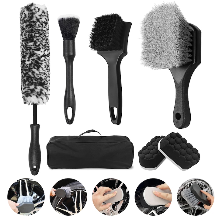Set 7 Piese de unelte pentru detailing auto, Wacorresi®, 1 perie de lana, 2 perii de anvelope pentru autovehicule, 2 piese de anvelope pentru aplicare lucioasa. 1 perie de detalii auto, 1 sac de gazduire, Negru/gri