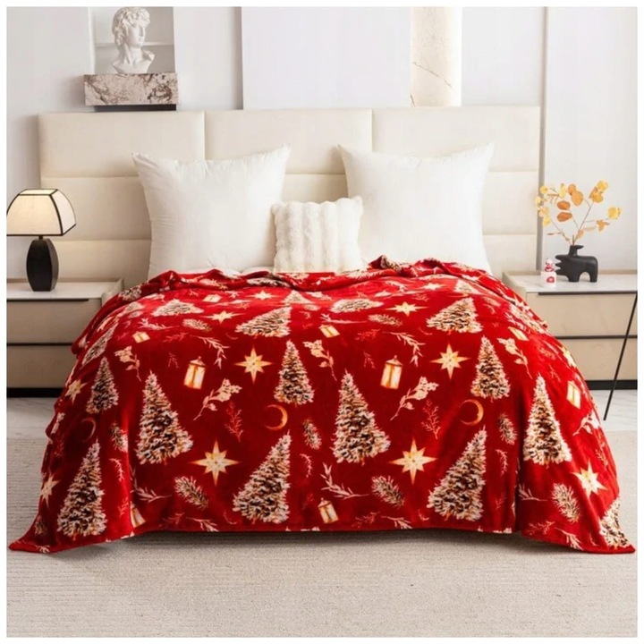 Patura De Craciun, Cotton World, Placut La Atingere, Fabricata Din Microfibra, Design Unic, Certificata Oeko-Tex Standard 100, 160 x 200 cm, Rosu