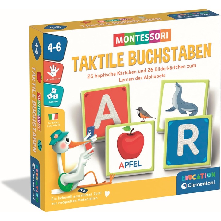 Joc educativ Clementoni, Alfabet Tactil, 26 cartonase tactile, multicolor, 4 ani