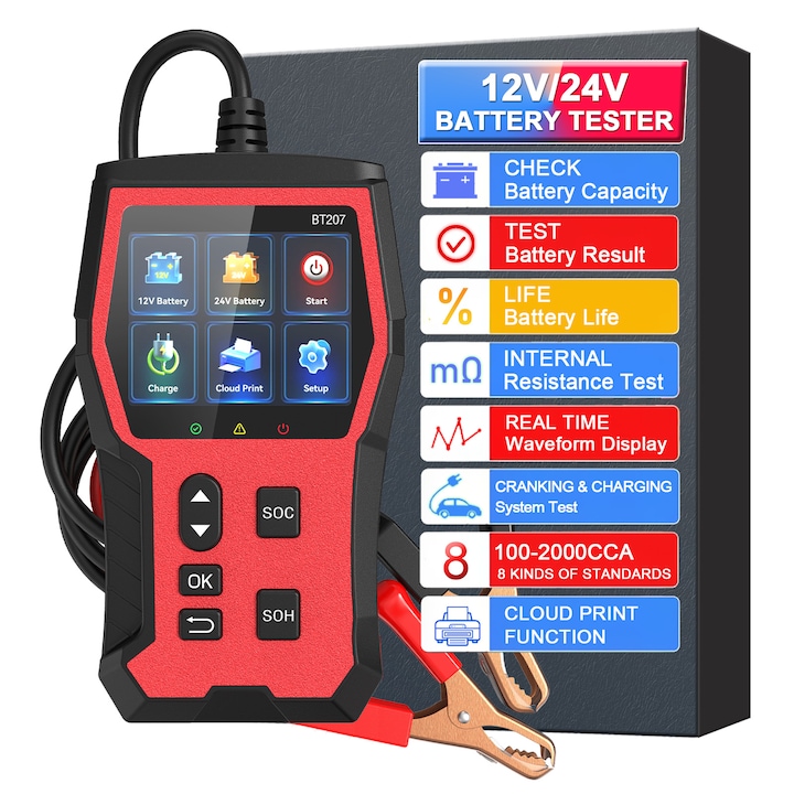 Tester Diagnoza Baterie Auto, SDLOGAL, 12V/ 24V, 2.8inch Ecran LCD Color, Universal, Functie de Testare a Bateriei, Optiuni in 12 limbi, Analiza in timp real a fluxului de date, Compatibil cu motociclete, autoturisme, camioane, utilitare, Rosu