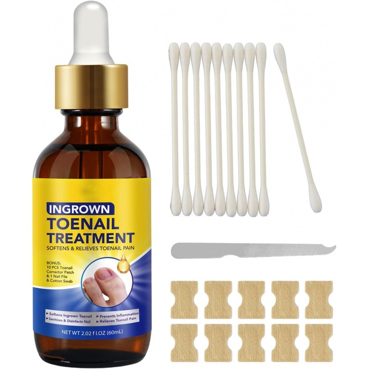 Kit de tratament unghii PSC, 60 ml lichid pentru unghii incarnate, 10 pachete corectare, 1 pila, 10 tampoane bumbac, formula sigura