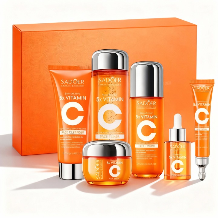 Set Cadou pentru Îngrijirea Tenului SADOER, 5 Piese, Crema Hidratantă, Ser Revitalizant, Multicolor