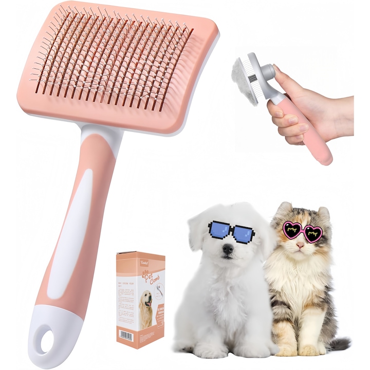 Perie pentru animale DRAGO™, 2 in 1 pentru caini si pisici, perie tip slicker cu auto-curatare, indeparteaza subparul, potrivita pentru blana scurta si lunga, culoare verde