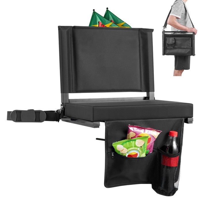 Scaun de stadion, Pliabil pentru tribuna, Spatar confortabil, Perna groasa captusita, Carlige de fixare, Curea de umar, Suport pentru pahare, Buzunar lateral, Negru