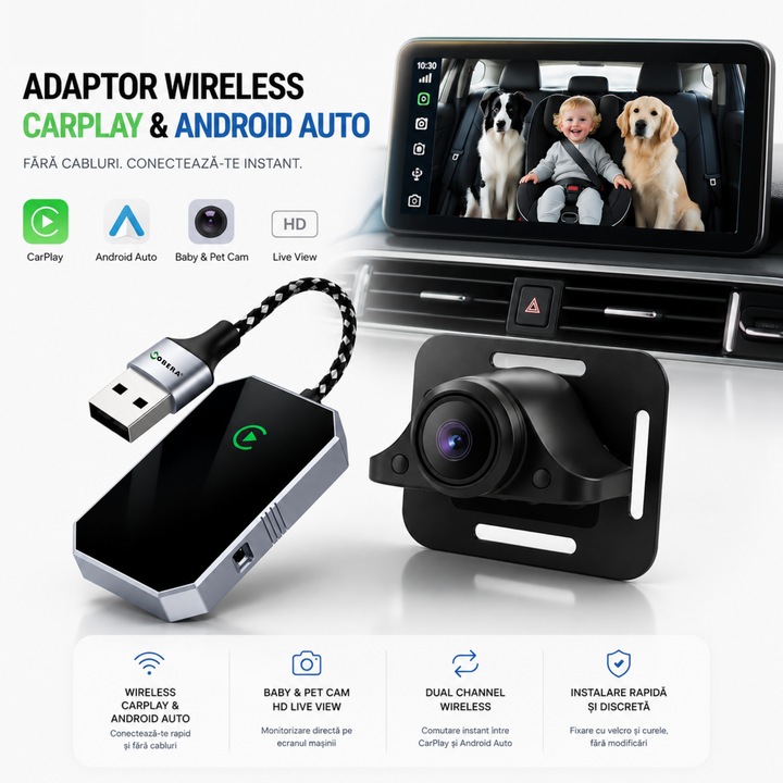 Adaptor Car Monitor Copil Auto cu Camera HD 1080P, Wireless CarPlay & Android Auto goBERA®️, Bluetooth 5.0, WiFi 5GHz, Procesor A7, Control Vocal si Touch, Reconectare Automata, Functie PIP, Compatibil iOS si Android, Plug & Play, Negru