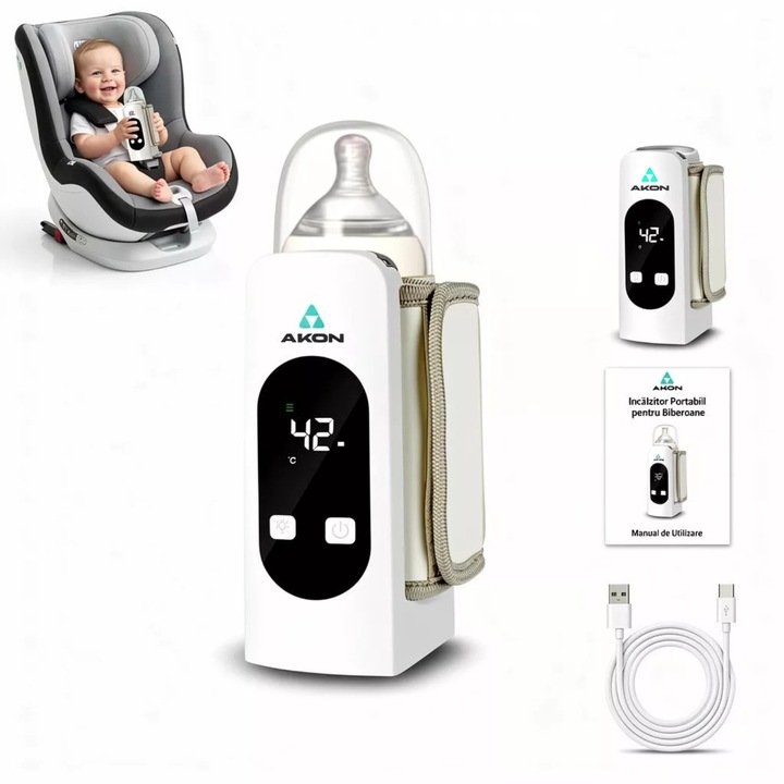Incalzitor Portabil Biberoane AKON®, Fara Fir, 9000mAh, Incalzire 360°, 6 Niveluri Temperatura (37–55°C), Lumina de Veghe Integrata, USB-C, Ecran Digital LED, Temperatura Constanta, Termostat Inteligent, Ideal pentru Lapte & Apa, Acasa/Masina/Drum