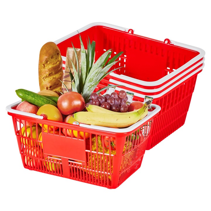 Cosuri de cumparaturi de mana din plastic, Set 4 bucati, Stivuibile, Capacitate 21 l / 9, 07 kg, Cu manere, Structura cu plasa densa, Pentru magazine si supermarket, Rosu