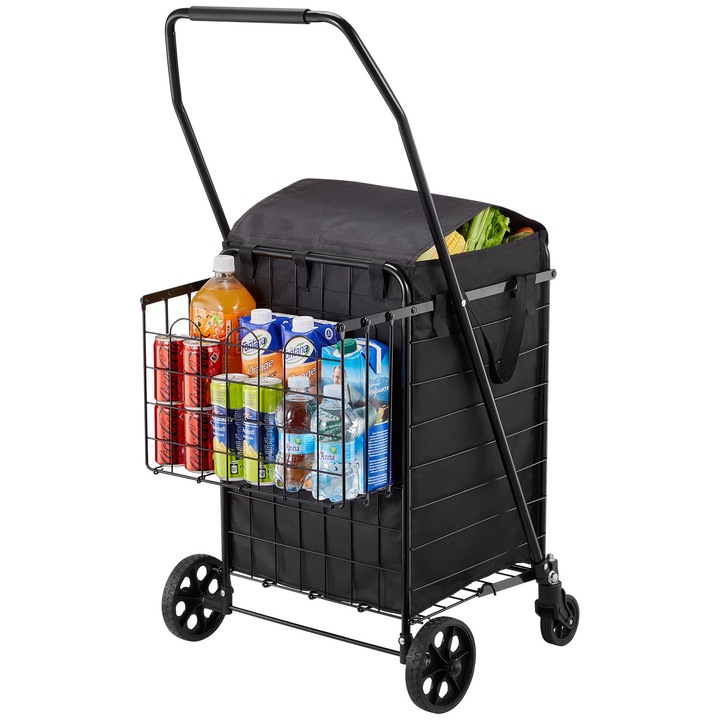 Carucior de cumparaturi, Utilitar pliabil, Cosuri duble, Captuseala impermeabila, Roti rezistente, Capacitate 45 kg, Pentru rufe, camping si bagaje