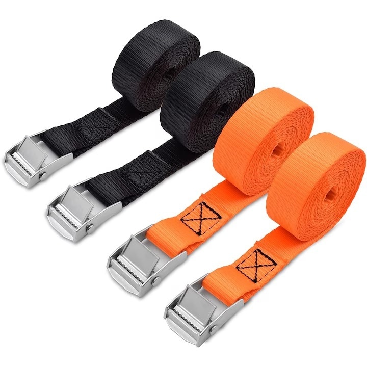 Set 4 Chingi de Ancorare cu Clichet, Reglabile, lungime 2, 5 m, Negru/Portocaliu, Blocare rapida cu un singur clic,2,5 cm x 3 m, Legare flexibila si fara restrictii