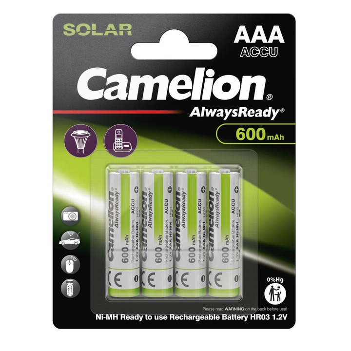 Set 4 Acumulatori AAA Reincarcabili Camelion Solar, Ni-MH 600mAh, Preincarcati, Pentru Telecomenzi, Jucarii, Dispozitive cu Consum Redus, Blister