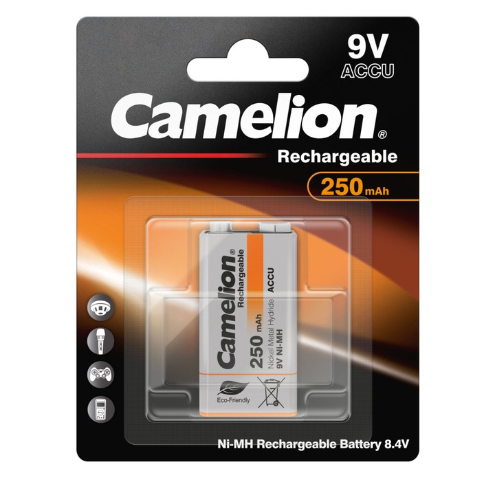 Acumulator Reincarcabil 9V Camelion Ni-MH 250mAh Preincarcat, pentru Microfoane, Detectoare, Multimetre, 1000 Cicluri