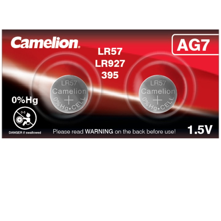Set 2 Baterii Alcaline Buton AG7 LR927 1.5V, Camelion, 55mAh, 9.4x2.7mm