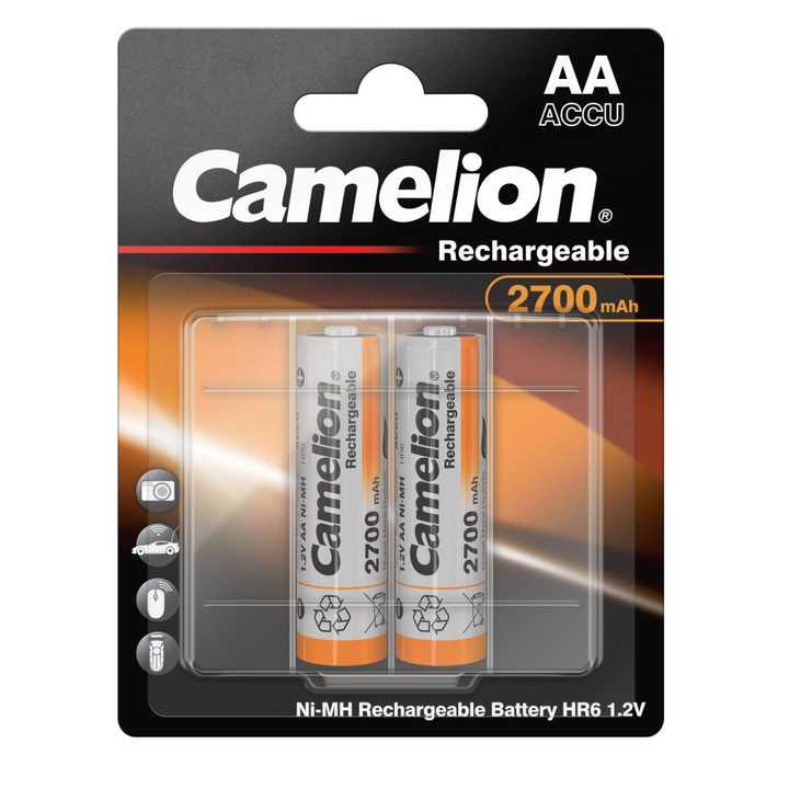 Set 2 Acumulatori AA Reincarcabili Camelion Ni-MH 2700mAh, Capacitate Ultra-Mare, Pentru Aparate Foto, Jucarii, Echipamente Puternice, Blister