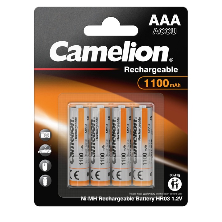 Set 4 Acumulatori AAA Reincarcabili Camelion Ni-MH 1100mAh, Preincarcati, Pentru Jucarii Telecomandate, Mouse-uri, Echipamente Puternice, Blister