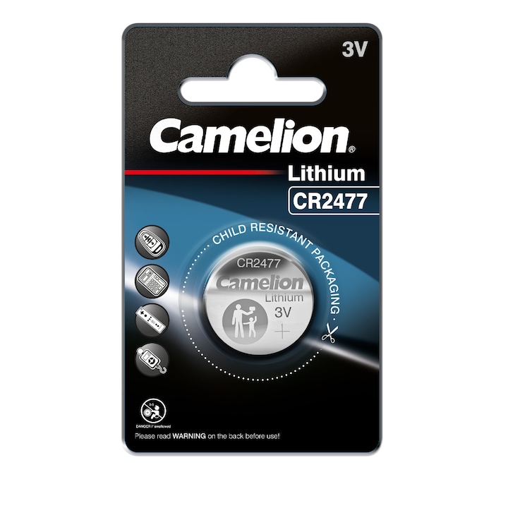 Baterie Litiu CR2477 / BR2477 3V 1000mAh, Dimensiuni 24.5x7.7 mm, Pentru Dispozitive cu Consum Mare, Aparate Medicale, Alarme, Camelion