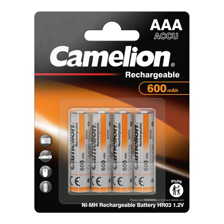Set 4 Acumulatori AAA Reincarcabili Camelion Ni-MH 600mAh, Preincarcati, Cu Descarcare Lenta, Pentru Telecomenzi, Mouse-uri, Becuri Solare, Blister