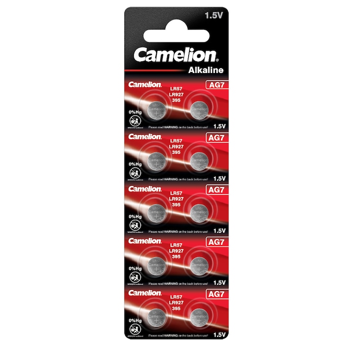 Set 10 Baterii Alcaline AG7 / LR926 1.5V 45mAh, Dimensiuni 9.4x2.7 mm, Pentru Ceasuri, Jucarii, Aparate Medicale, Blister, Camelion