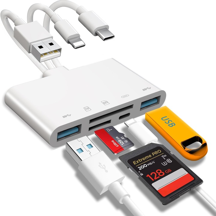 Cititor de carduri, MingZhi, 5-in-1, USB-C, alb, compatibil cu SD/Micro SD/SDHC/SDXC/MMC