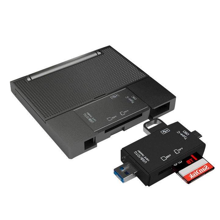 Cititor de carduri 6 în 1, AFKSMILE, Negru, 4 porturi, dimensiuni 8.9x8.5x1.1cm, cu cutie de stocare