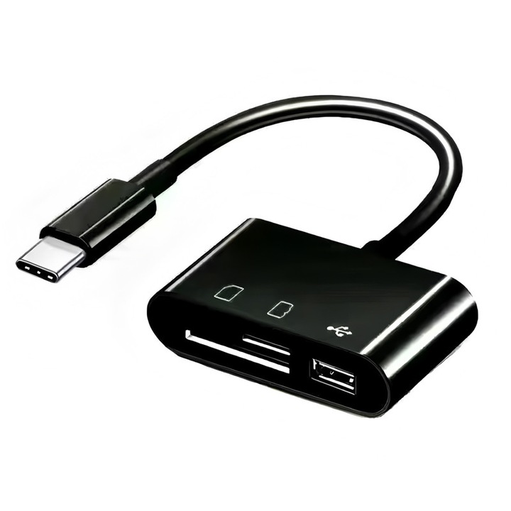 Cititor de carduri multifunctional Type-C, negru, 3 in 1, USB 3.0, compatibil cu carduri SD si Micro SD