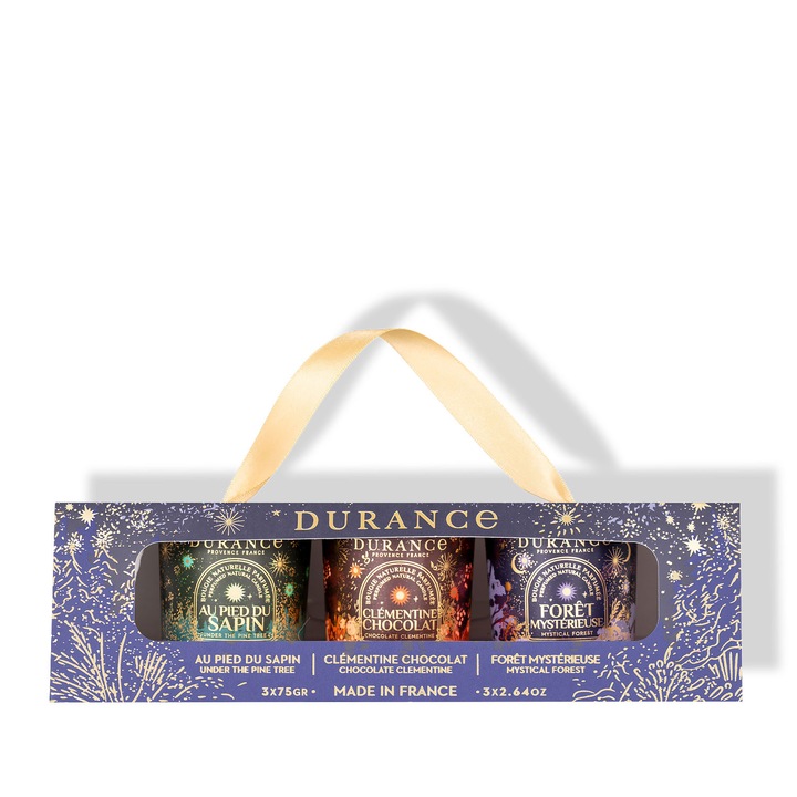 Set cadou lumânări parfumate Durance, 3x75 gr, Under the Pine Tree, Chocolate Clementine, Mystical Forest, multicolor