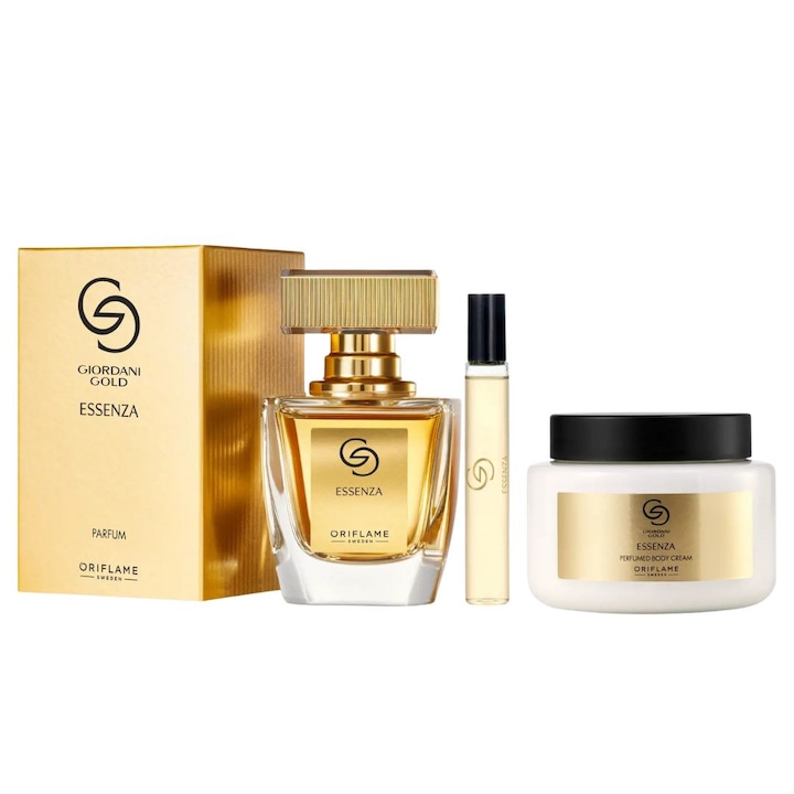Set cadou Giordani Gold Essenza pentru femei, apă de parfum 50 ml, cremă parfumata pentru corp 250 ml, mini parfum 8 ml, floral-lemnos