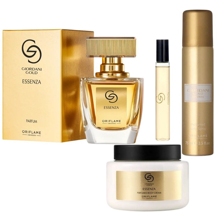Set Giordani Gold Essenza, apă de parfum 50 ml, mini parfum 8 ml, cremă de corp 250 ml, deodorant 75 ml, floral-lemnos, 383 ml
