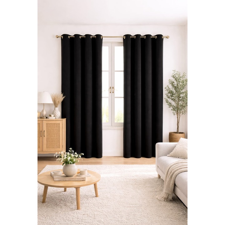 Draperie blackout, opaca, 140 x 260 cm, poliester, Negru