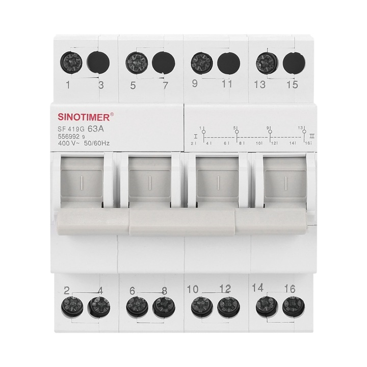 Comutator de transfer manual, Sinotimer, 4 poli, 63A, 400V, montaj pe sina DIN