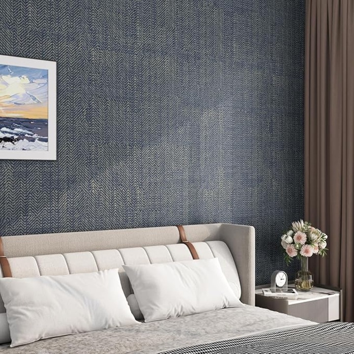 Tapet autoadeziv, FunStick, texturat cu model geometric, 60x500cm, albastru inchis si auriu, pentru peretii dormitorului, hartie autoadeziva impermeabila pentru dulapuri si rafturi