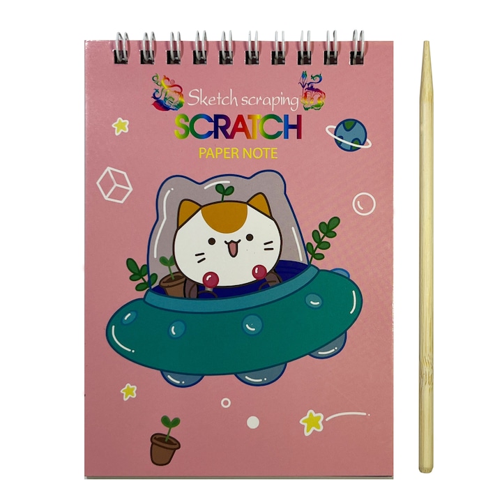 Carnetel de desen prin zgaraiere Scratch Paper Note, 10x14 cm, spiralat, include creion din lemn, foi negre pentru desen multicolor, coperta pisica in ozn