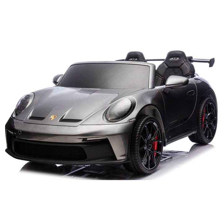 Masina electrica pentru copii cu 2 locuri, Autokids Porsche 911 GT3 XXL 24V 640W-brushless, ecran LCD, covorase si husa cu logo, echipare Lux Gri Metalizat