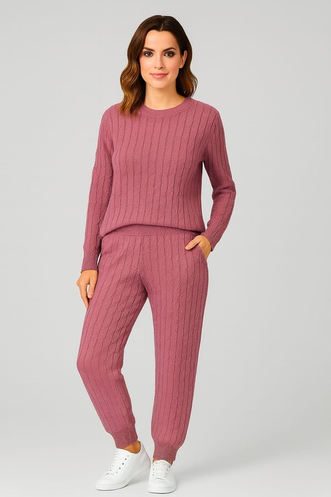 Trening Tricotat 2 Piese, Unica (S-L), Pulover + Pantaloni, Confort Termic, Material Moale, Roz inchis, One Size