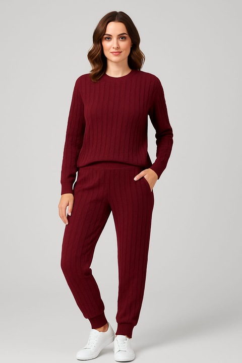 Trening Tricotat 2 Piese, Unica (S-L), Pulover + Pantaloni, Confort Termic, Material Moale, Bordeaux, One Size