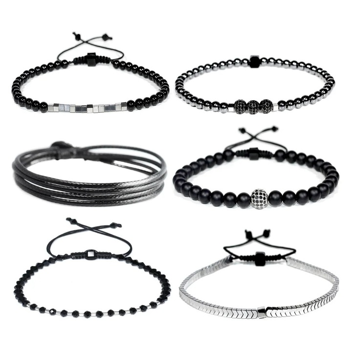 Set 6 Bratari Barbati Crack, Onix, Hematit, Agate, Argint 925, multicolor