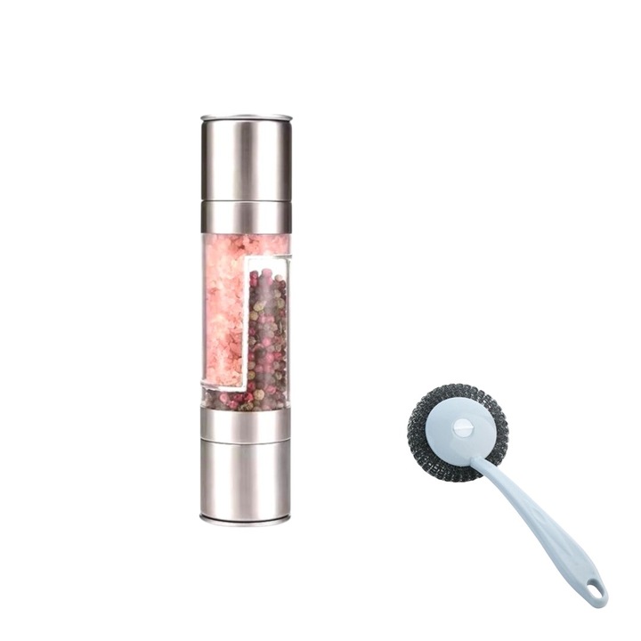 Rasnita manuala 2 in 1, condimente, sare si piper, 3 tipuri de macinare, transparenta, argintiu si perie vase universala plastic cu burete