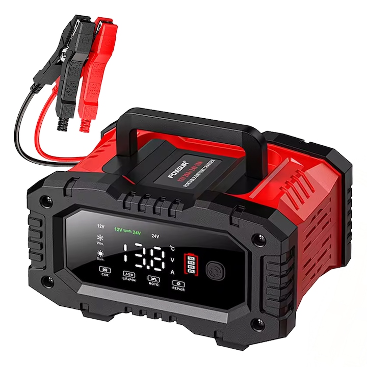 Redresor auto digital FOXSUR, 12V/24V, 20A/10A, incarcare automata, 6Ah-300Ah