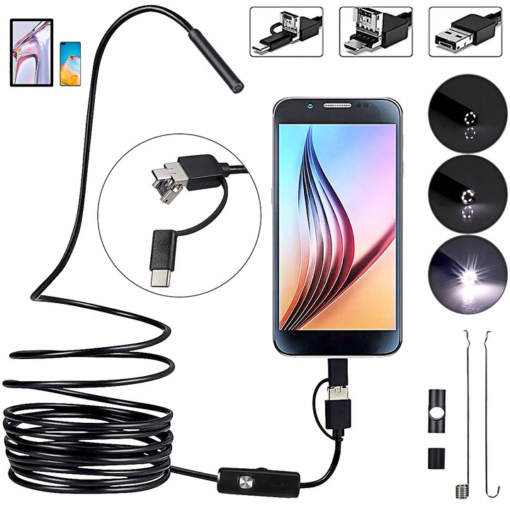 Endoscop De Inspectie YOUKUKE®, Camera USB Pentru Android, Cablu Flexibil 10M, 6 LED-uri Reglabile, Rezolutie HD 1080x720, 30 FPS, IP67, Compatibil Cu USB 2.0/micro USB/USB-C, Include Carlig, Magnet Si Oglinda De Vizualizare Laterala