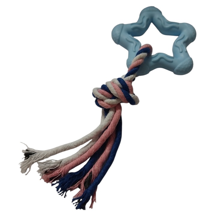 Jucărie interactivă pentru câini, DUOGUO, formă stea cu sfoară, roz/albastru/bleu, rezistentă