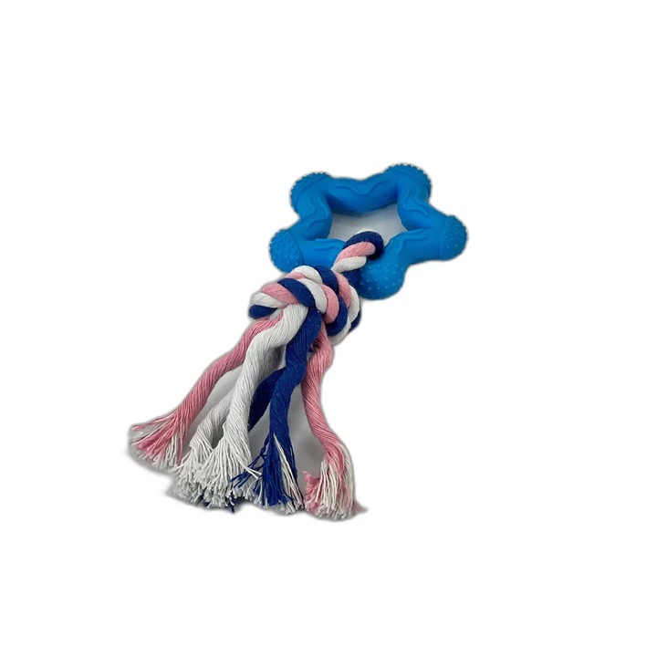 Jucarie interactiva pentru caini, DUOGUO, forma stea cu sfoara, durabila, roz/albastru/bleu