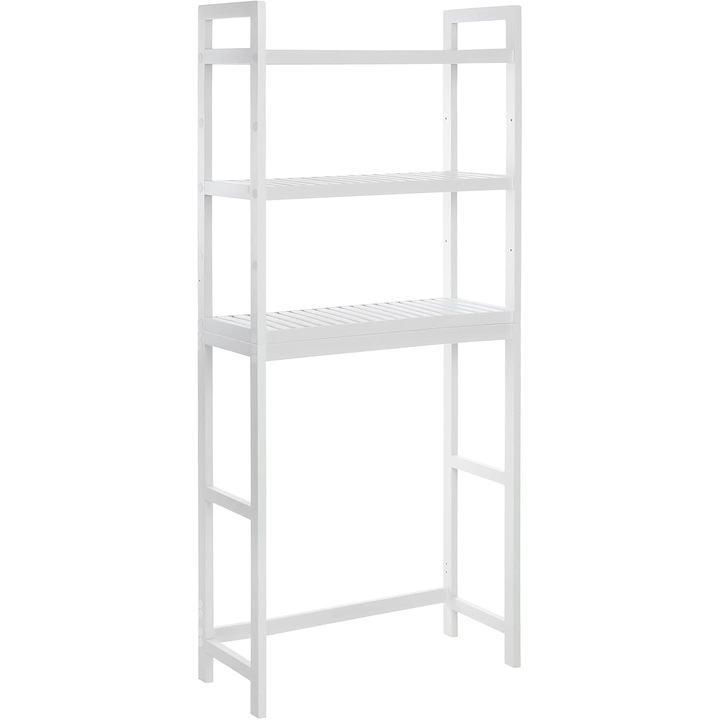 Raft de depozitare pentru baie, suprapunere peste masina spalat sau vas WC, din bambus, rafturi reglabile, 26x63x163 cm, alb