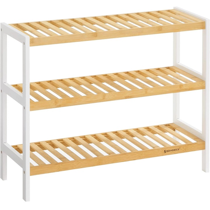 Бамбуков рафт за съхранение, 3 нива, 26x70x55см, бял и кафяв