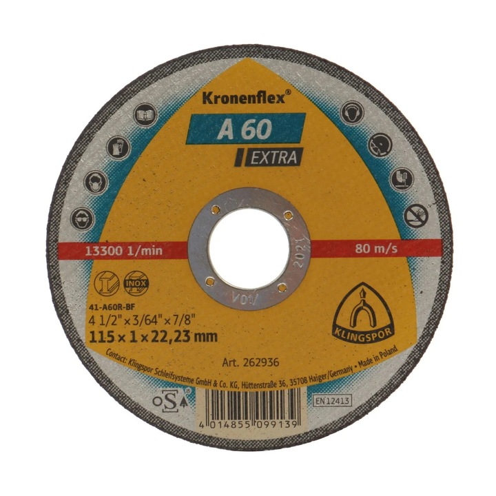Disc debitare inox, Klingspor A 60 Extra, 115x22.23x1mm, set