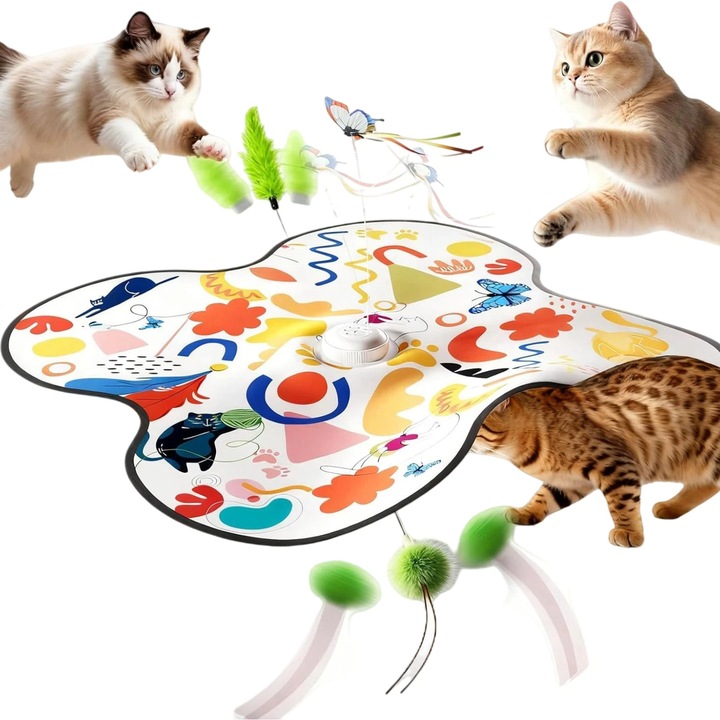 Jucarii interactive pentru pisici de interior, Omelivon, 3 moduri de joaca, bagheta cu pana si fluture in miscare, minge auto-rotativa la 360°, 4 sunete realiste, simulate de vanatoare, Activare la Atingere, Reincarcare USB, Alb