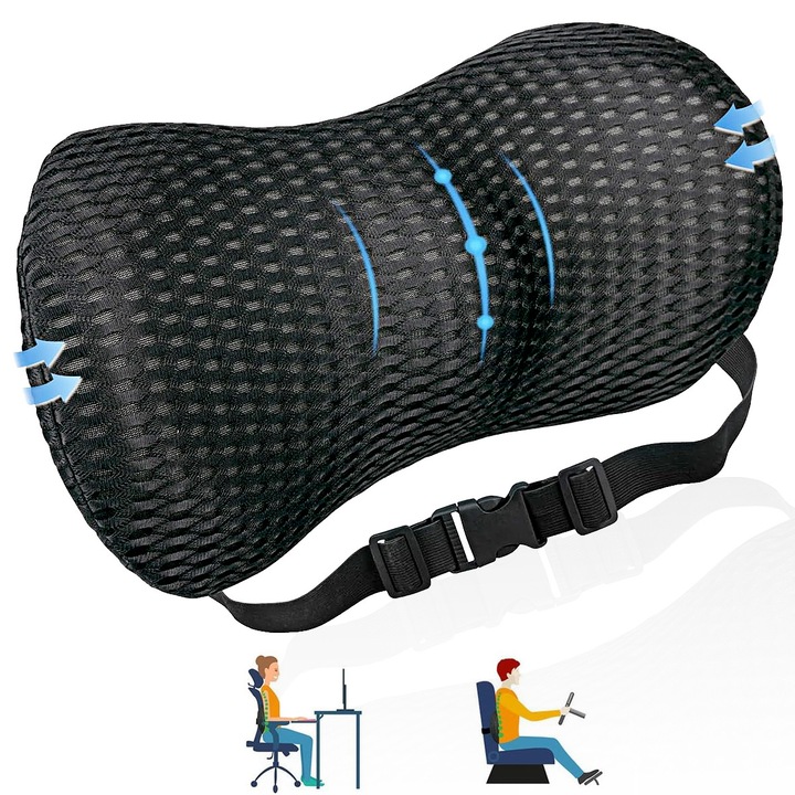 Perna Auto Lombar, YOUKUKE®, din Spuma cu Memorie, Universala, Suport Gat, Confortabile si Respirabile, Protectie Coloana Cervicala, functie de Confort si Protectie pentru Gat si Ceafa, cu prindere pe Scaunul Auto al masinii, Negru, Husa Detasabila