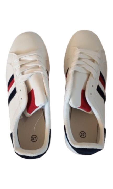 Дамски спортни маратонки, бели с червени и сини райета, еко кожа, 37 EU