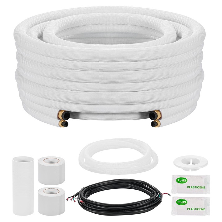 Set tevi din cupru pentru mini split, kit linie freon AC/HVAC, Lungime 7, 6 m, Diametre 9, 5 mm si 15, 9 mm, Izolatie PE ingrosata, Piulite evazate, Fitinguri incluse, Alb