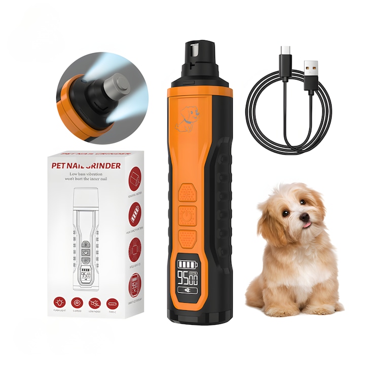 Pila Electrica Profesionala pentru Ghearele Animalelor, Nerele, LED Dublu, 5 Trepte de Viteza 7.500–9.500 RPM, Disc Diamantat, USB-C Reincarcabila, Autonomie pana la 8 Ore, Afisaj Digital, Ingrijire Rapida si Confortabila, pentru Caini si Pisici