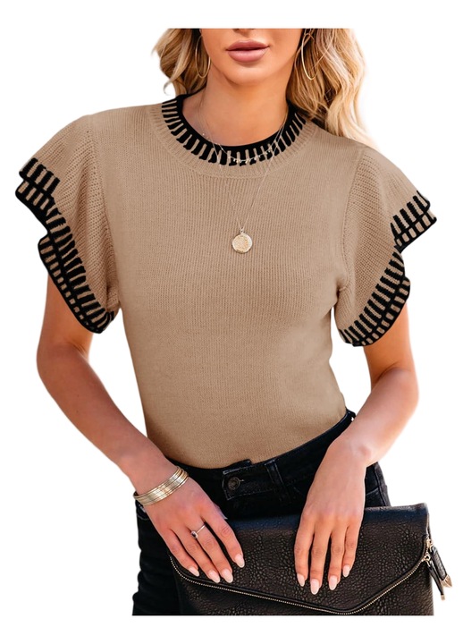 Pulover Imily Bela, decupaj larg, maneci scurte volanate, Kaki